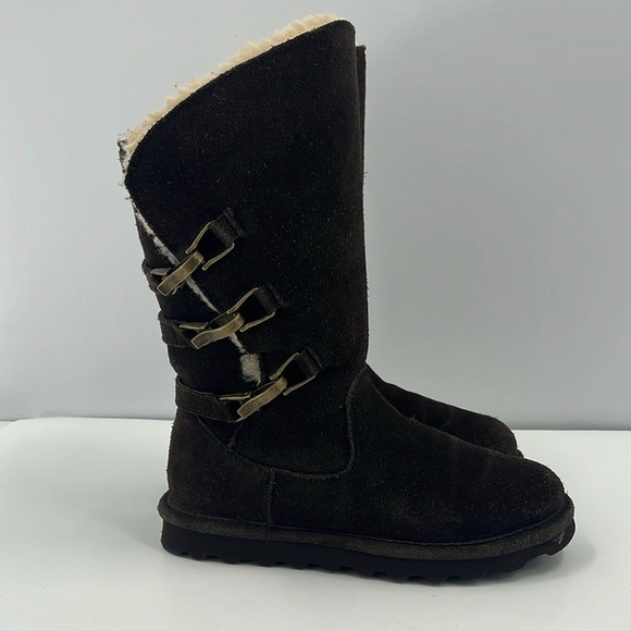 BearPaw Shoes - BearPaw Jenna Tall Chocolate Brown Leather Suede Sherpa Wool Winter Boots 6